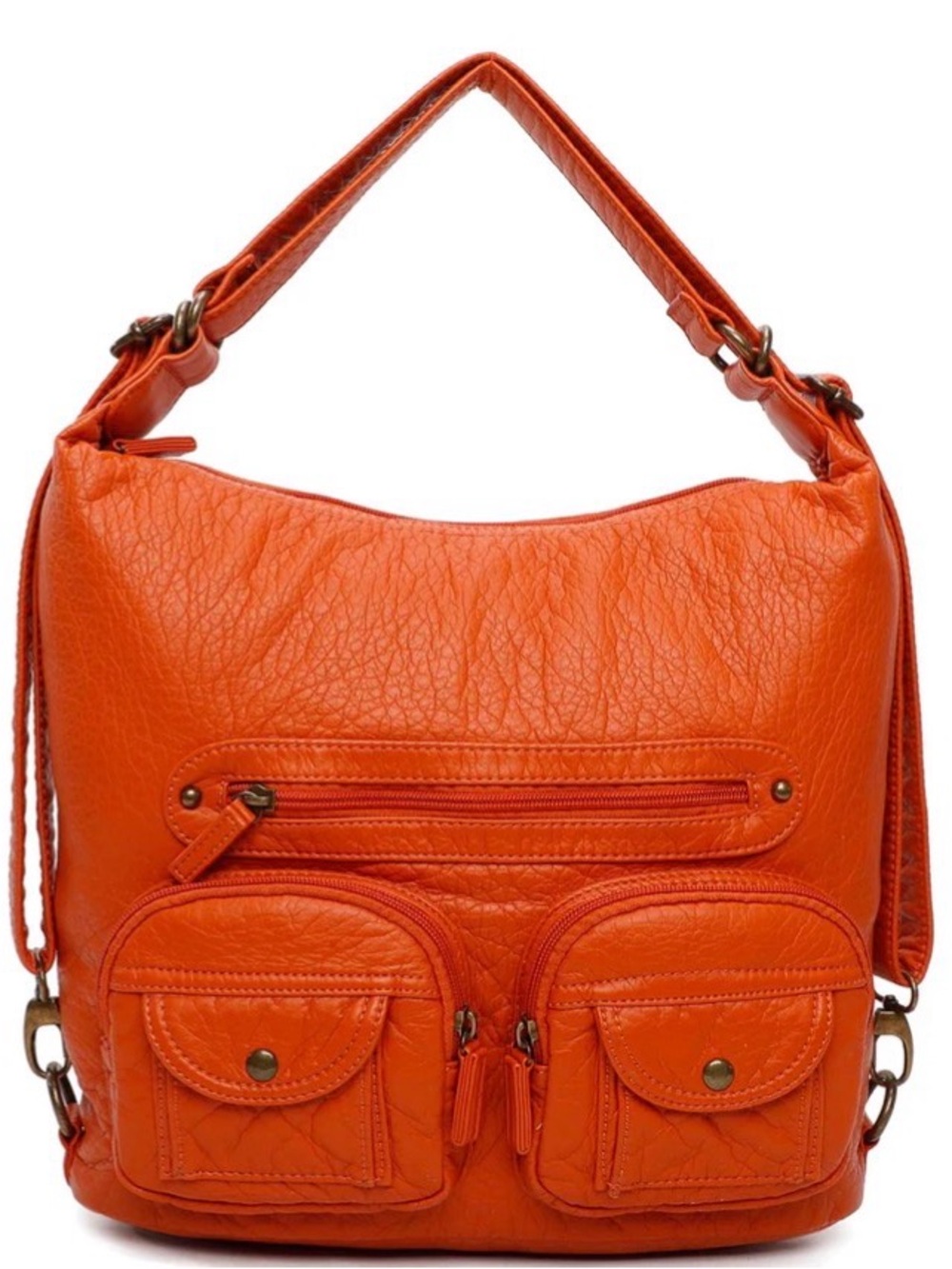 Convertible Orange Leather Shoulder Backpack Crossbody